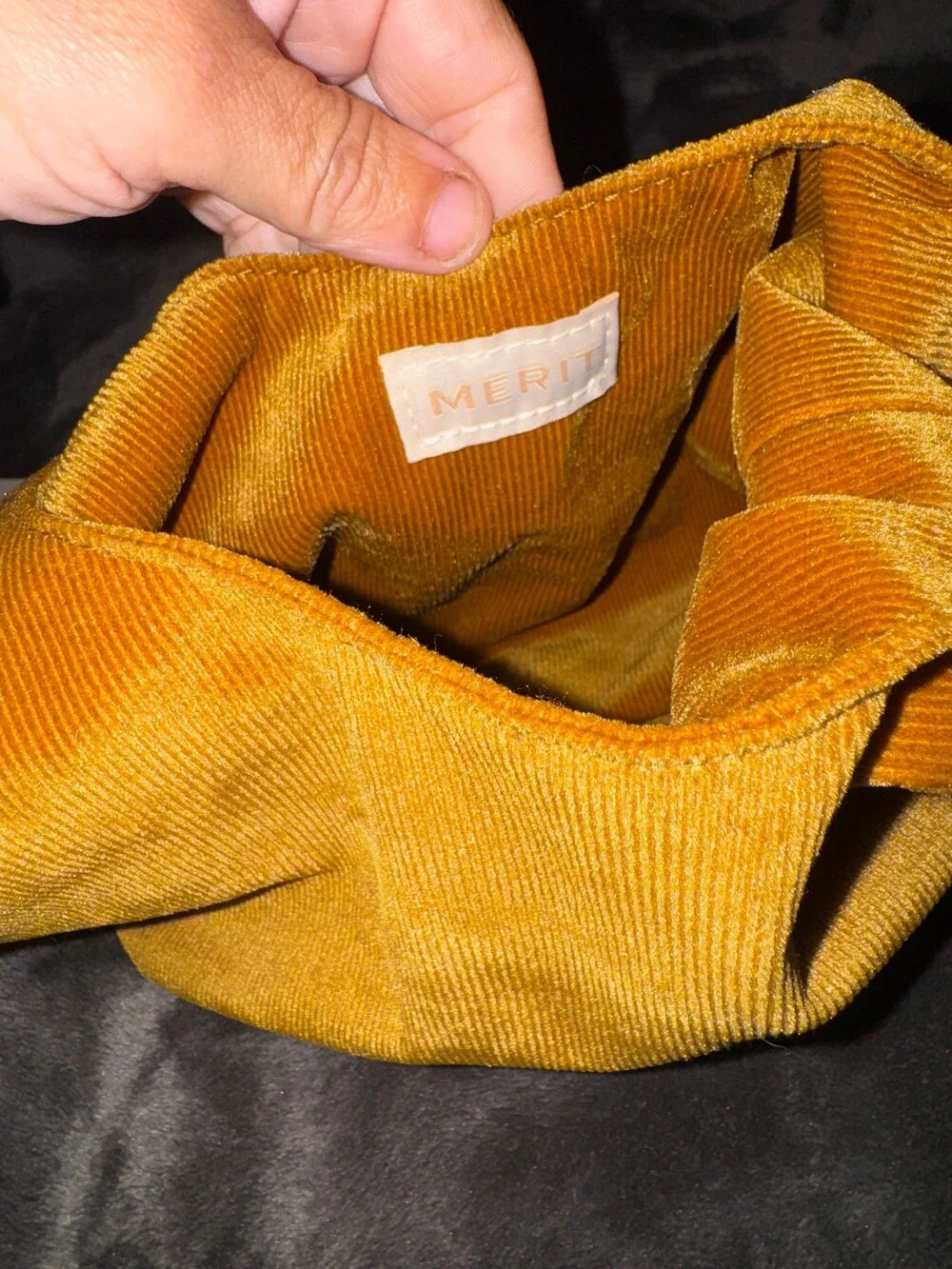 Merit Beauty The Signature Cosmetic Makeup Bag Corduroy Tie Top Pouch Brown